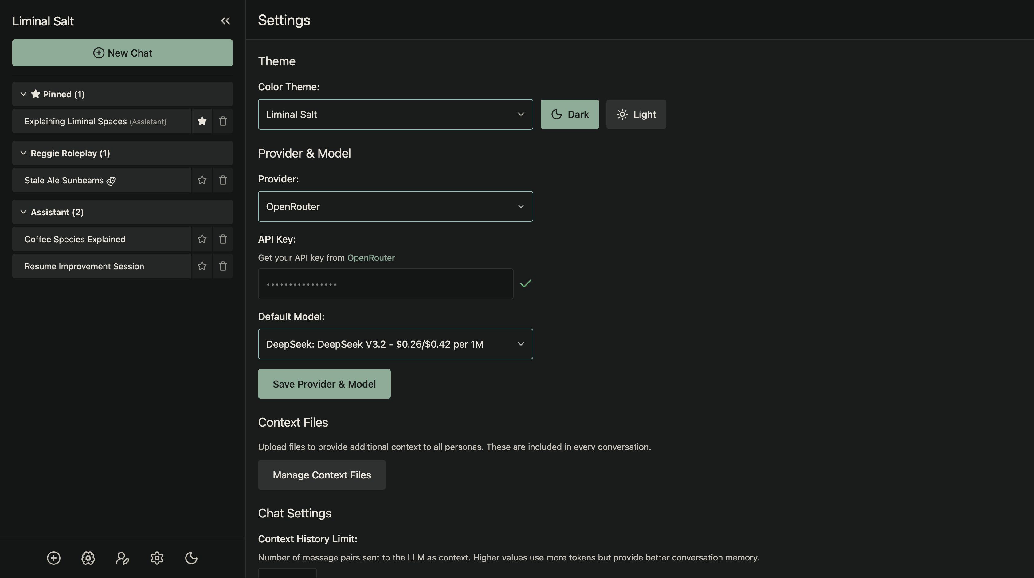 App settings panel